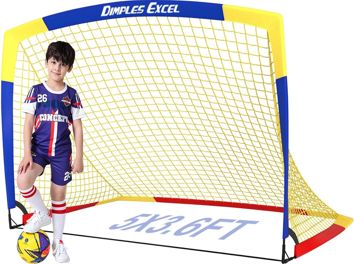 Dimples Excel Soccer Goals Kids Soccer Net for Backyard 7x5 FT, 5x3.6 FT, 4x3 FT, 3x2.2 FT