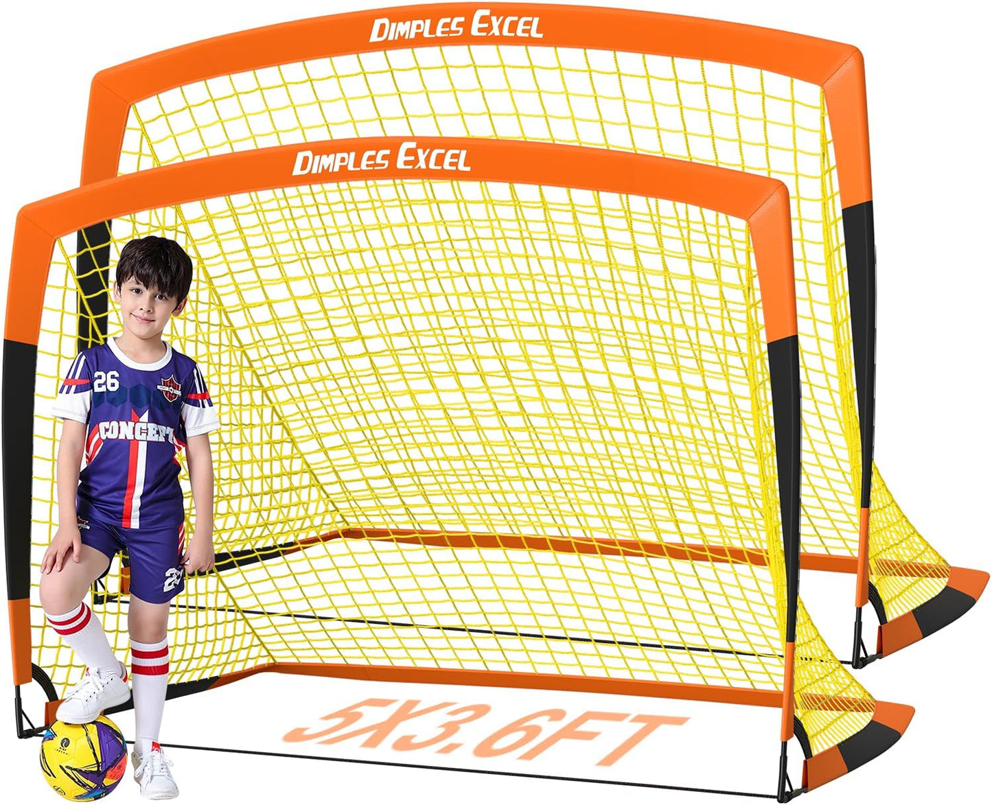 Dimples Excel Soccer Goals Kids Soccer Net for Backyard 2 Set,7x5 FT, 5x3.6 FT, 4x3 FT, 3x2.2 FT