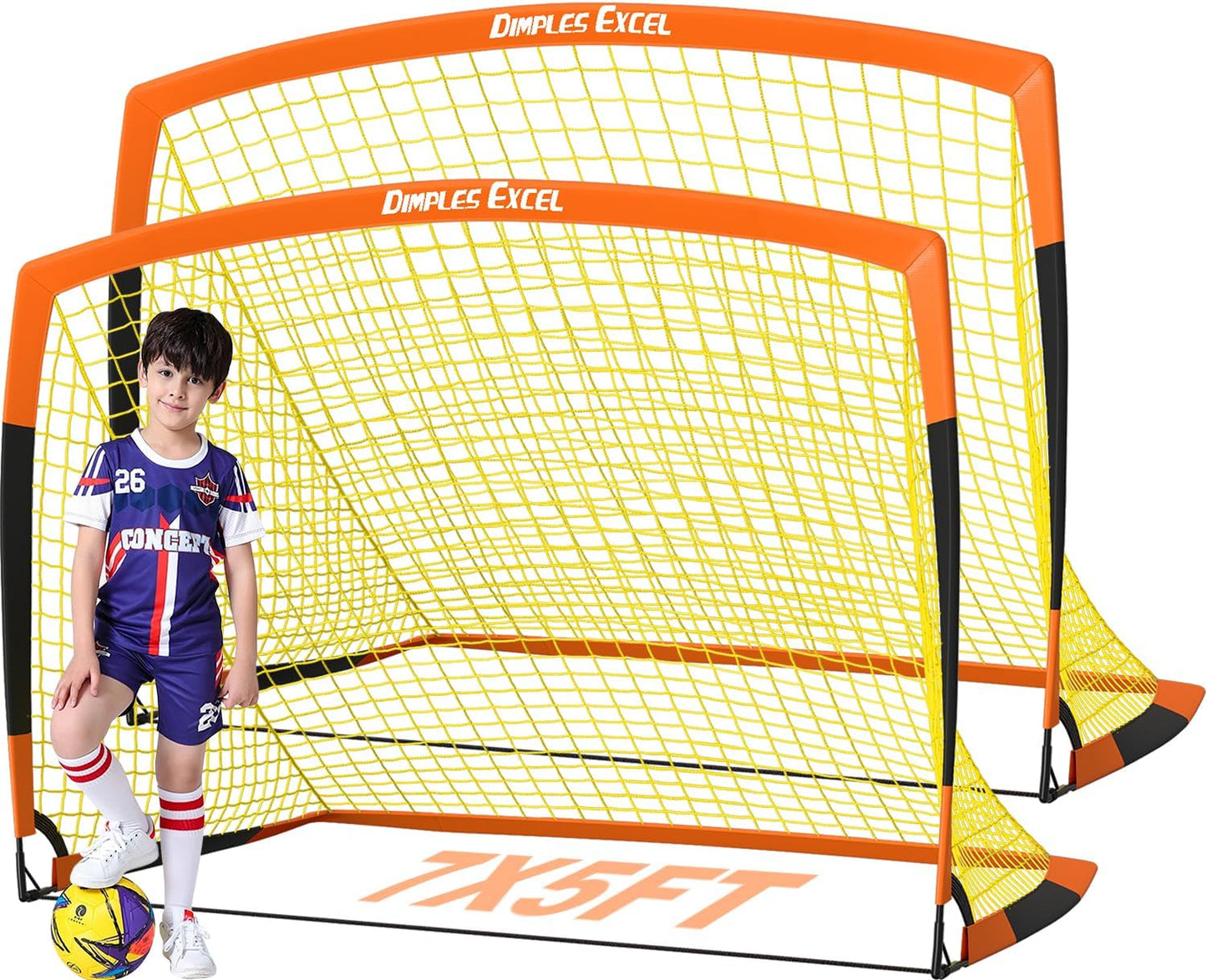 Dimples Excel Soccer Goals Kids Soccer Net for Backyard 2 Set,7x5 FT, 5x3.6 FT, 4x3 FT, 3x2.2 FT