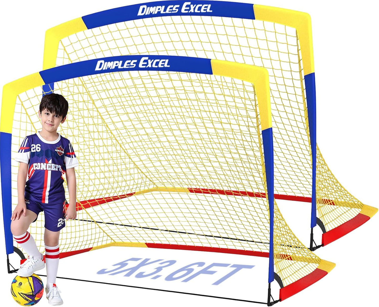 Dimples Excel Soccer Goals Kids Soccer Net for Backyard 7x5 FT, 5x3.6 FT, 4x3 FT, 3x2.2 FT