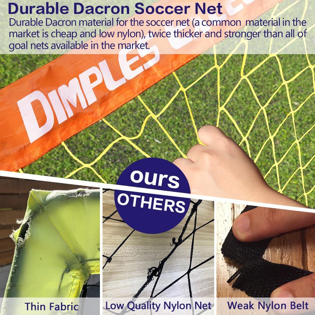 Dimples Excel Soccer Goals Kids Soccer Net for Backyard 1 pack,7x5 FT, 5x3.6 FT, 4x3 FT, 3x2.2 FT