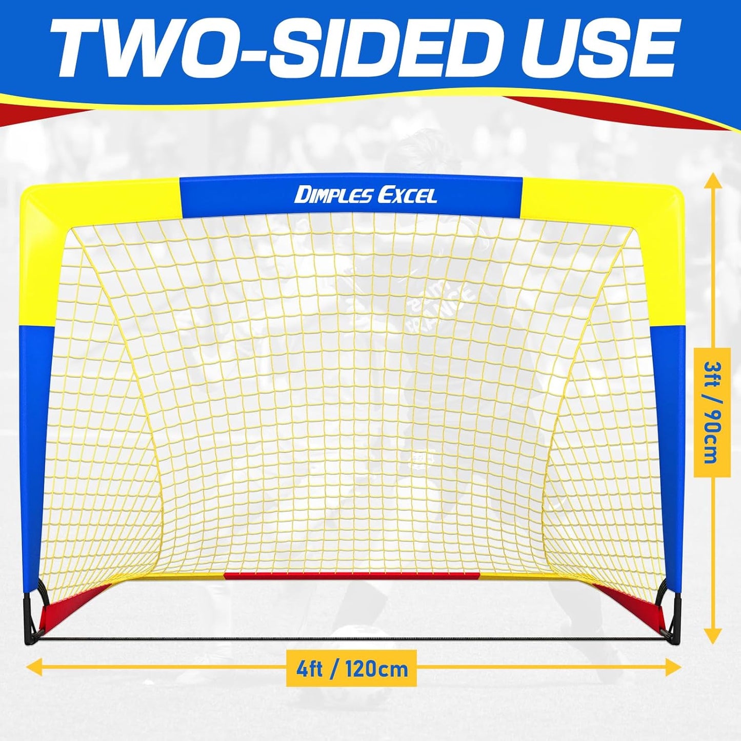 Dimples Excel Soccer Goals Kids Soccer Net for Backyard 7x5 FT, 5x3.6 FT, 4x3 FT, 3x2.2 FT