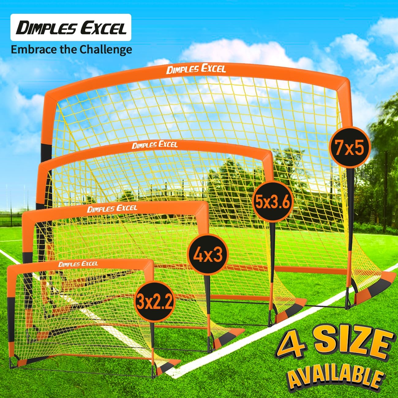 Dimples Excel Soccer Goals Kids Soccer Net for Backyard 2 Set,7x5 FT, 5x3.6 FT, 4x3 FT, 3x2.2 FT