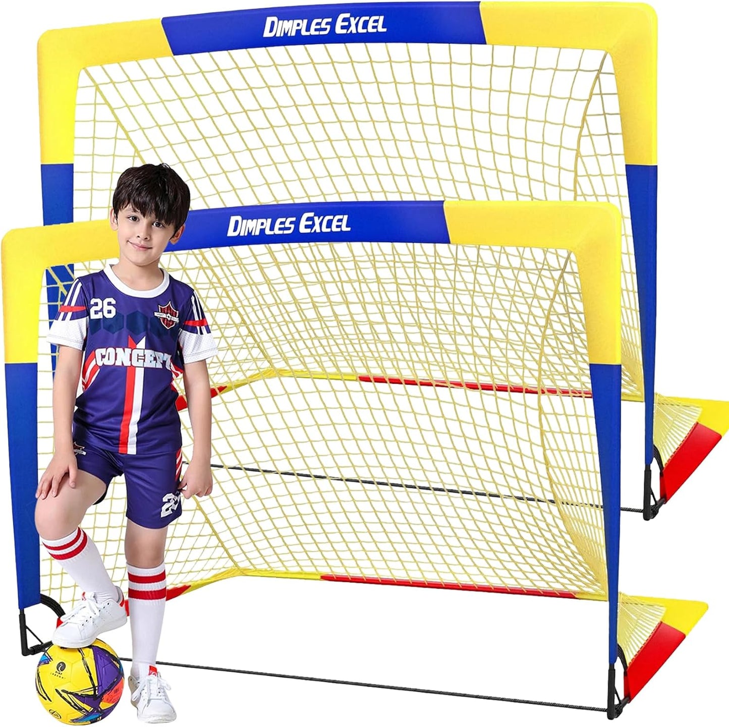 Dimples Excel Soccer Goals Kids Soccer Net for Backyard 7x5 FT, 5x3.6 FT, 4x3 FT, 3x2.2 FT